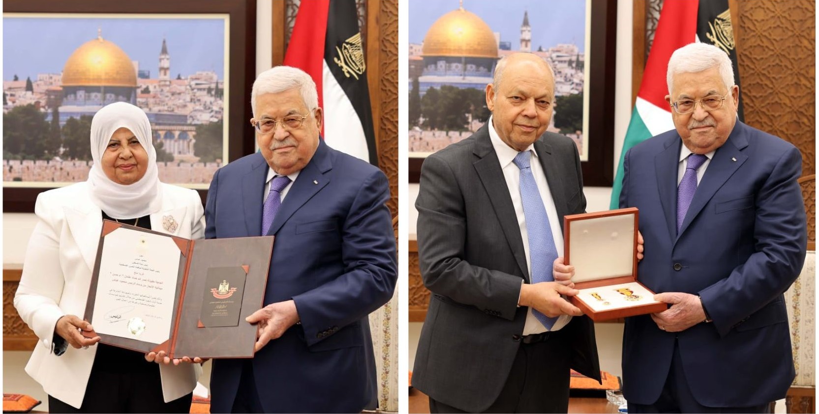 الرئيس محمود عباس خلال تكريمه الحاج طارق عثمان وزوجته الحاجة مقبولة عثمان (تصوير: ثائر غنايم)